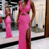 Homrain Hot Pink Sequins Hollow-Out Mermaid Prom Dress | Hot Pink Prom Dresses