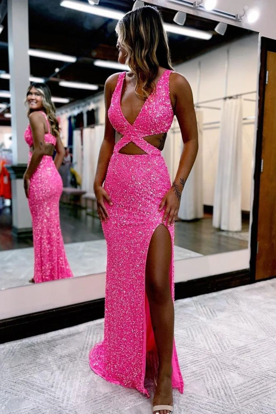 Homrain Hot Pink Sequins Hollow-Out Mermaid Prom Dress | Hot Pink Prom Dresses