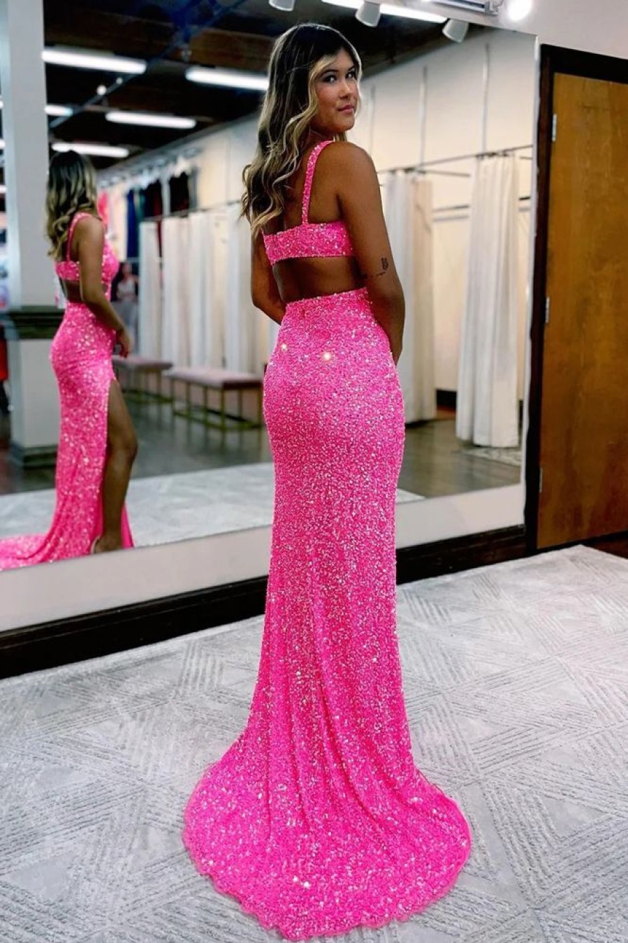 Homrain Hot Pink Sequins Hollow-Out Mermaid Prom Dress | Hot Pink Prom Dresses