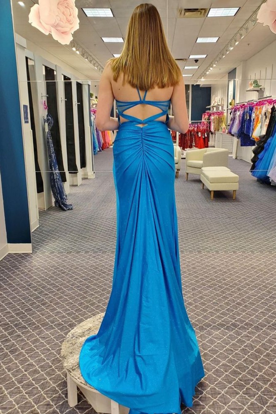 Homrain Glitter Sheath Corset Long Prom Dress With Slit | Blue Prom Dresses