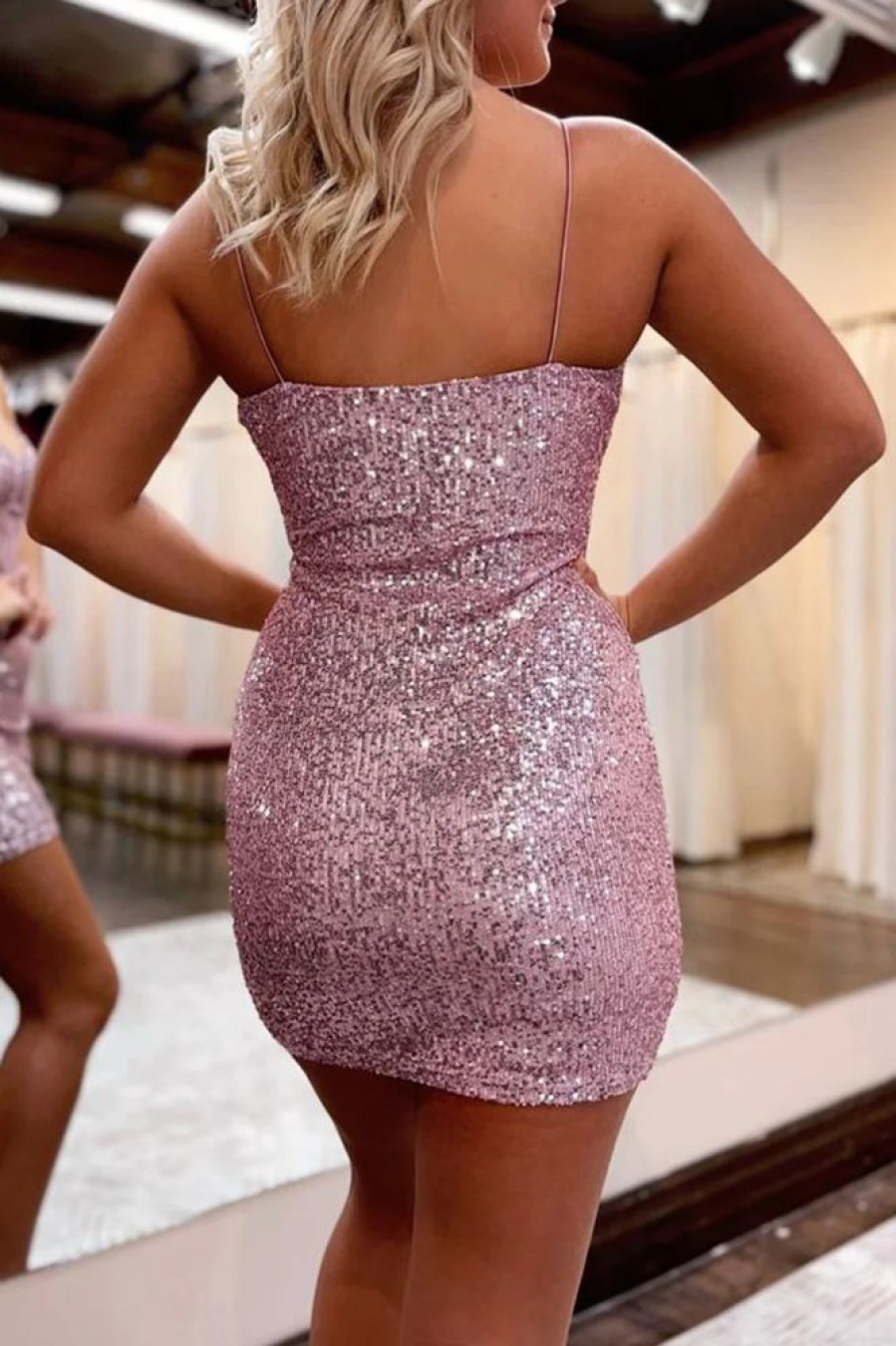 Homrain Spaghetti Straps Sequins Tight Hoco Dress | Pink Hoco Dresses