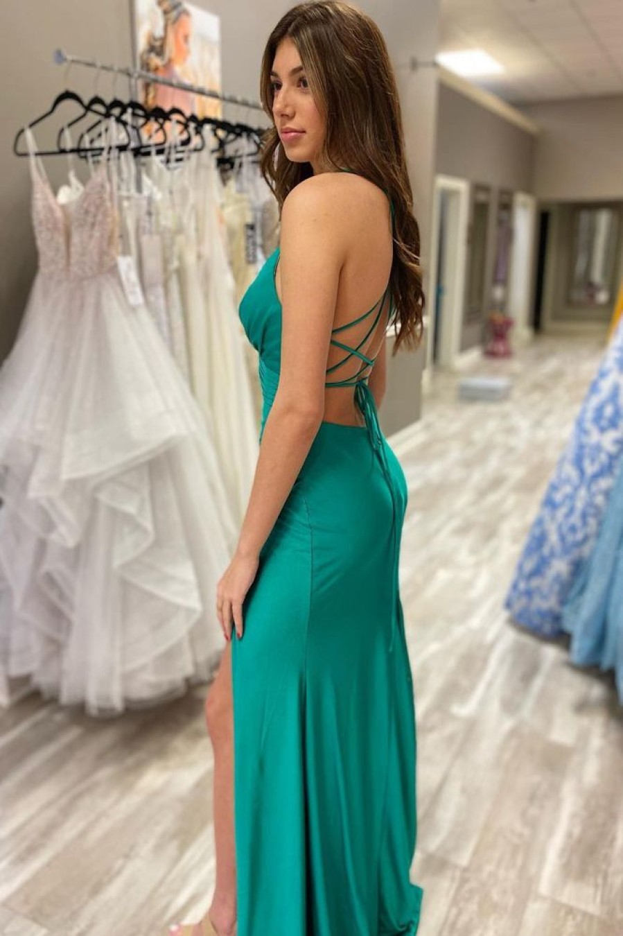 Homrain Sheath Spaghetti Straps Long Prom Dress With Slit | Green Prom Dresses