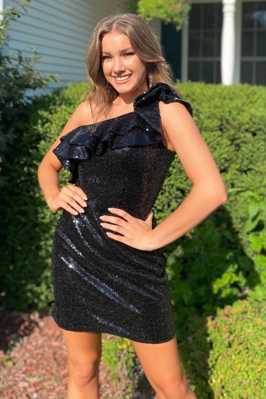 Homrain Sequins One Shoulder Homecoming Dress | Black Hoco Dresses