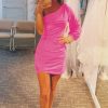 Homrain Tight Ruched Homecoming Dress With Sleeves | Hot Pink Hoco Dresses