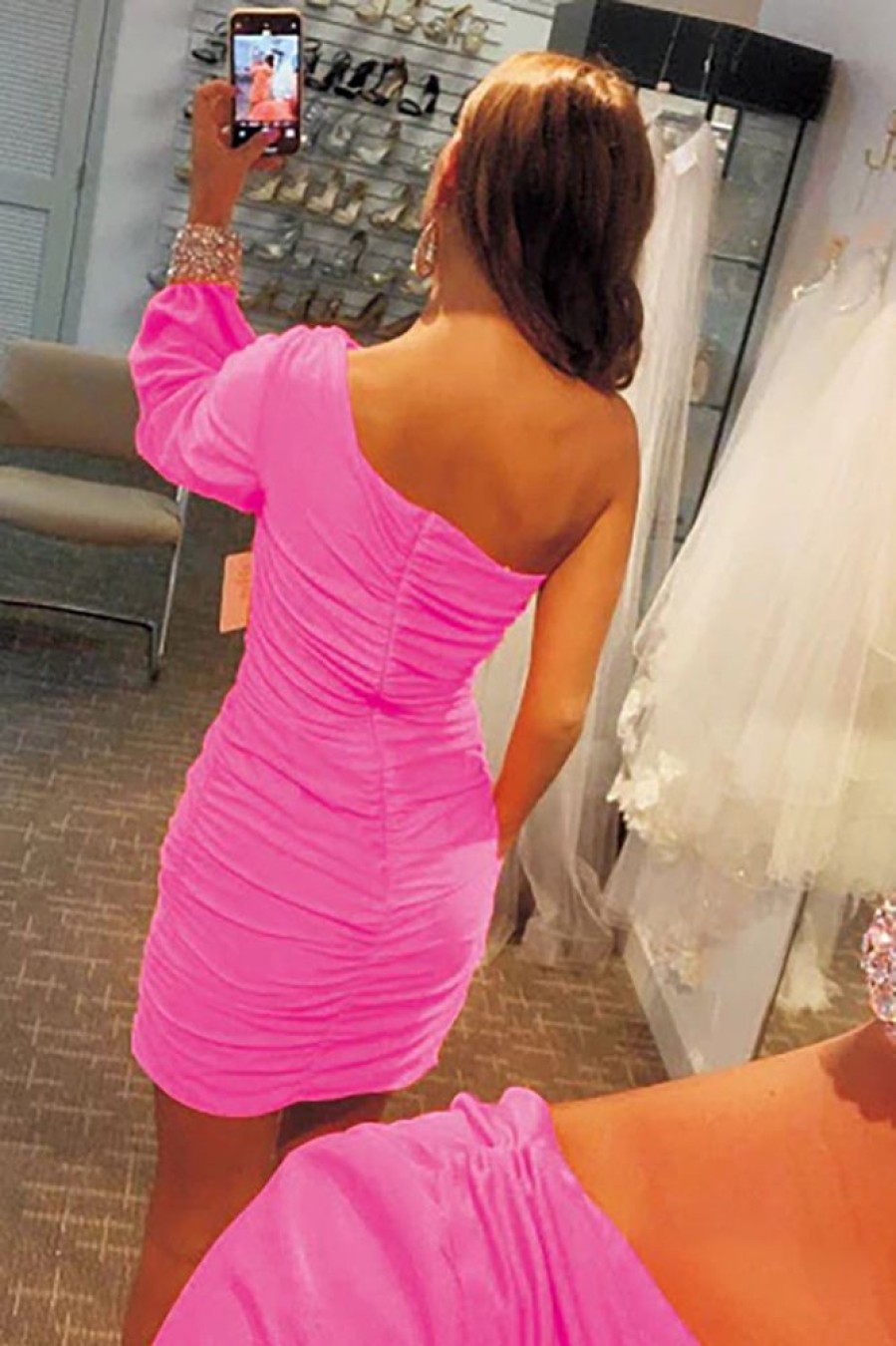 Homrain Tight Ruched Homecoming Dress With Sleeves | Hot Pink Hoco Dresses