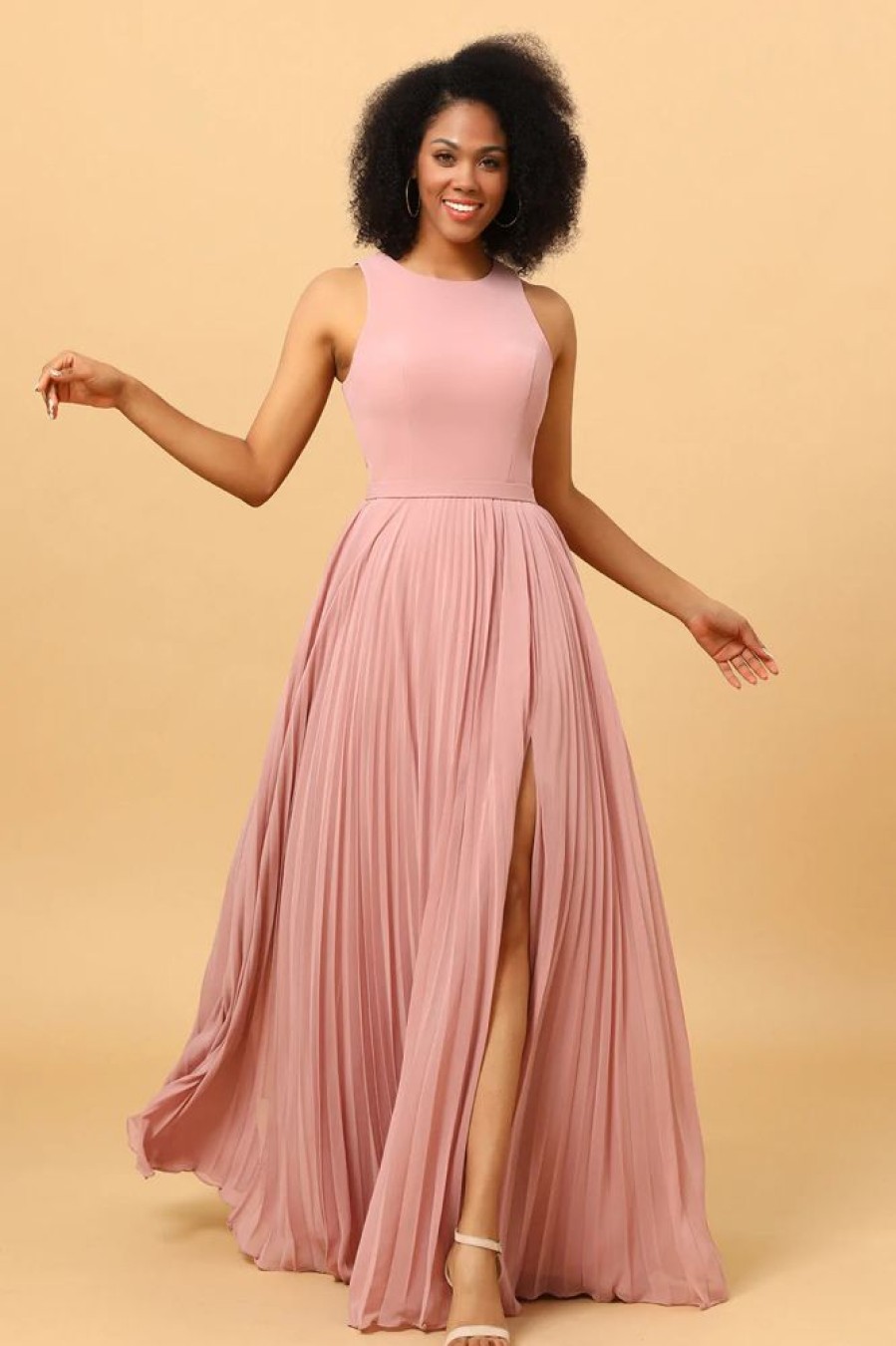 Homrain Blush Long Chiffon Pleated Bridesmaid Dress With Slit | Bridesmaid Dresses 2024