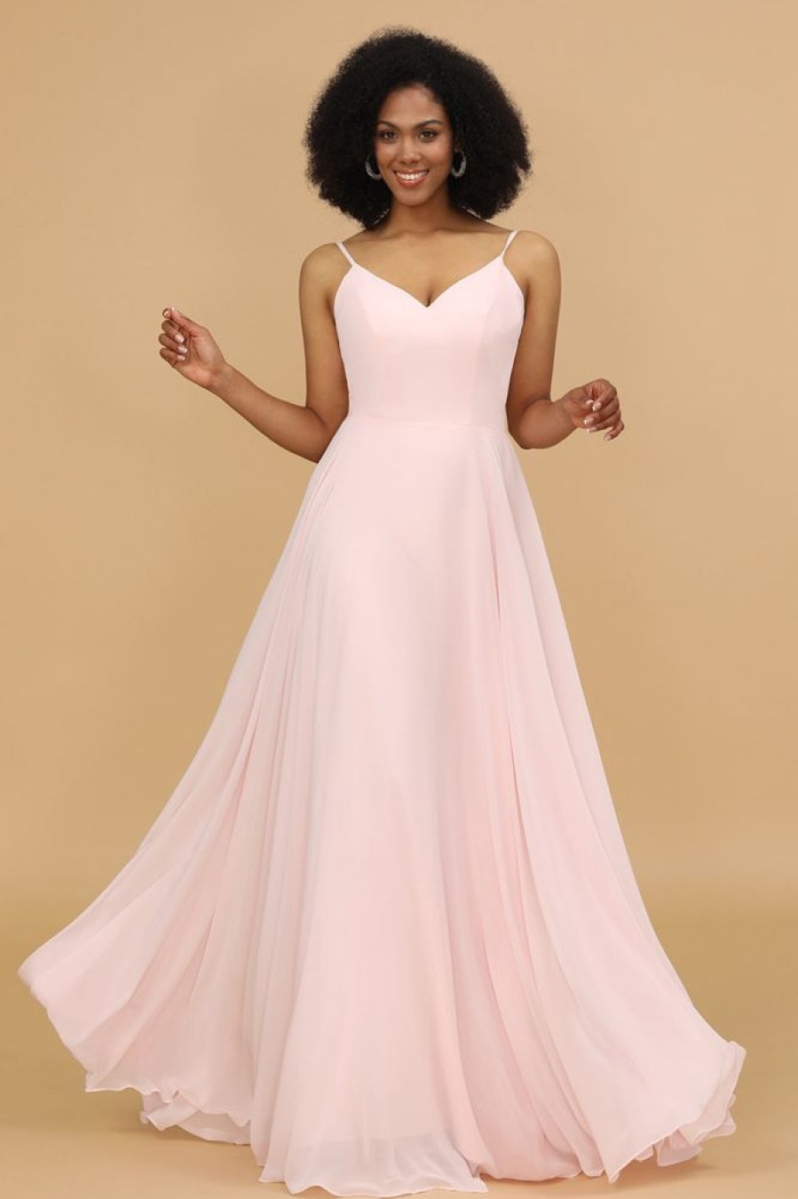 Homrain A Line Spaghetti Straps Chiffon Long Bridesmaid Dress | Dusty Rose Bridesmaid Dress