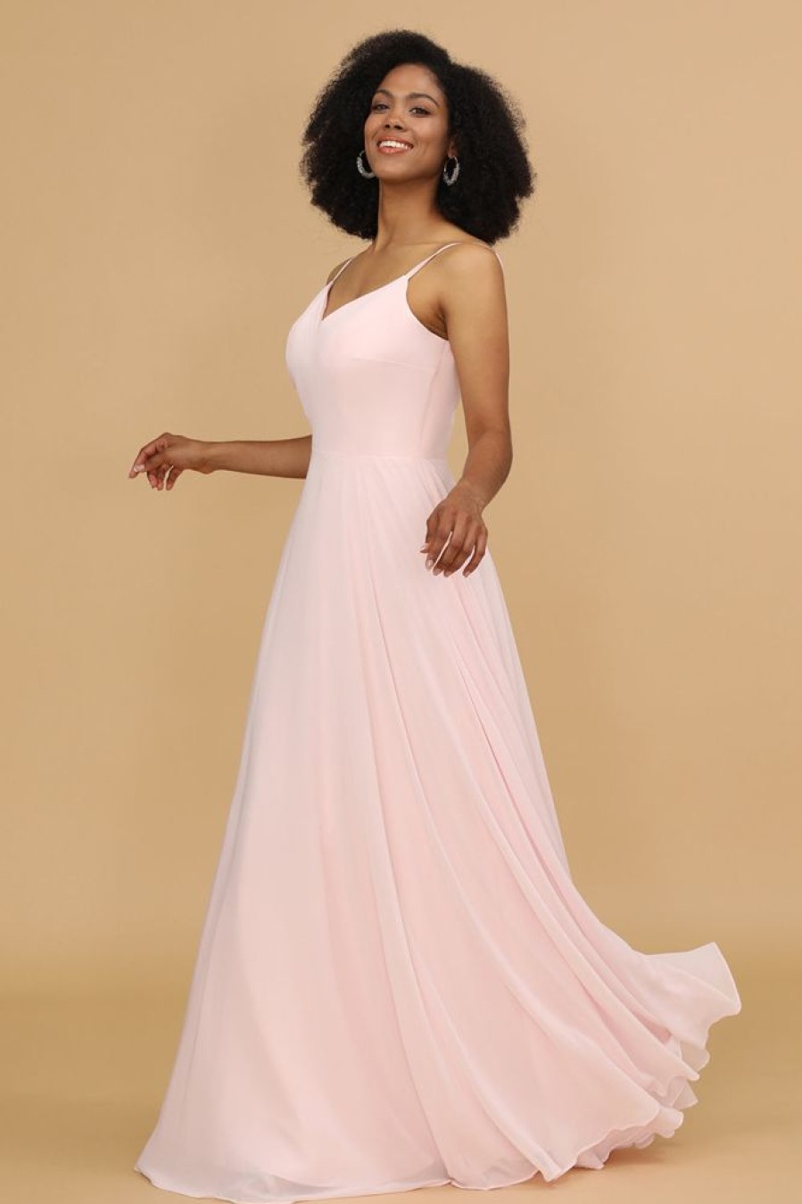 Homrain A Line Spaghetti Straps Chiffon Long Bridesmaid Dress | Dusty Rose Bridesmaid Dress