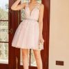 Homrain Pink V Neck Party Dress With Appliques | Pink Hoco Dresses