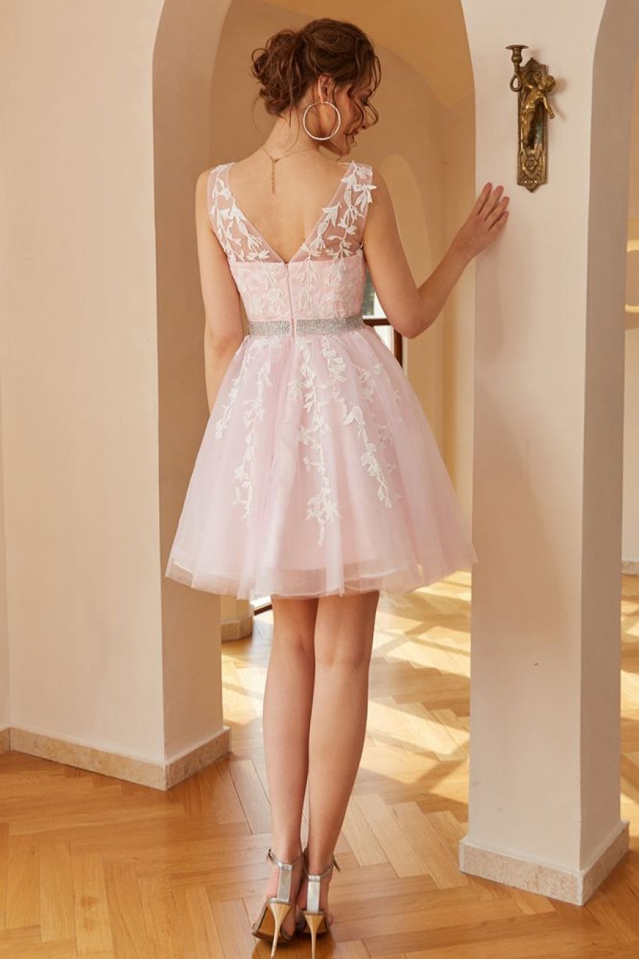 Homrain Pink V Neck Party Dress With Appliques | Pink Hoco Dresses