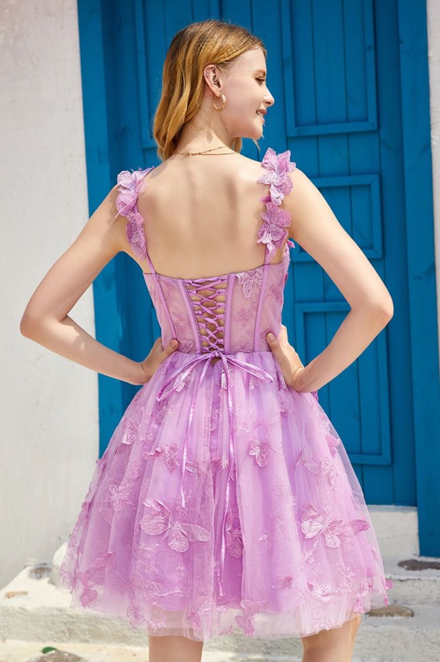 Homrain A Line Corset Homecoming Dress With 3D Butterflies | Purple Hoco Dresses