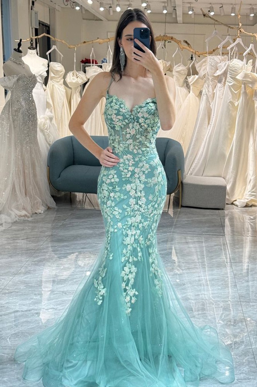 Homrain Mermaid Backless Long Corset Prom Dress With Appliques | Green Prom Dresses