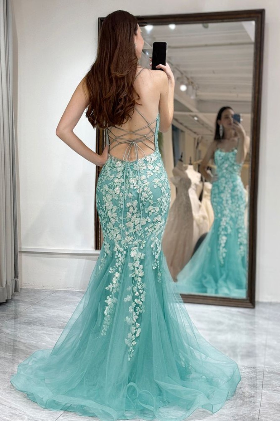 Homrain Mermaid Backless Long Corset Prom Dress With Appliques | Green Prom Dresses