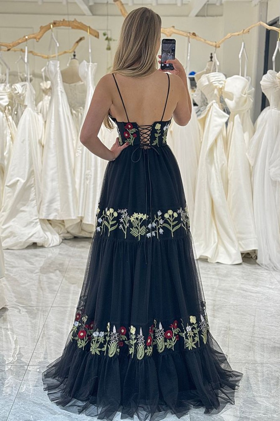 Homrain A Line Backless Long Prom Dress With Appliques | Black Prom Dresses