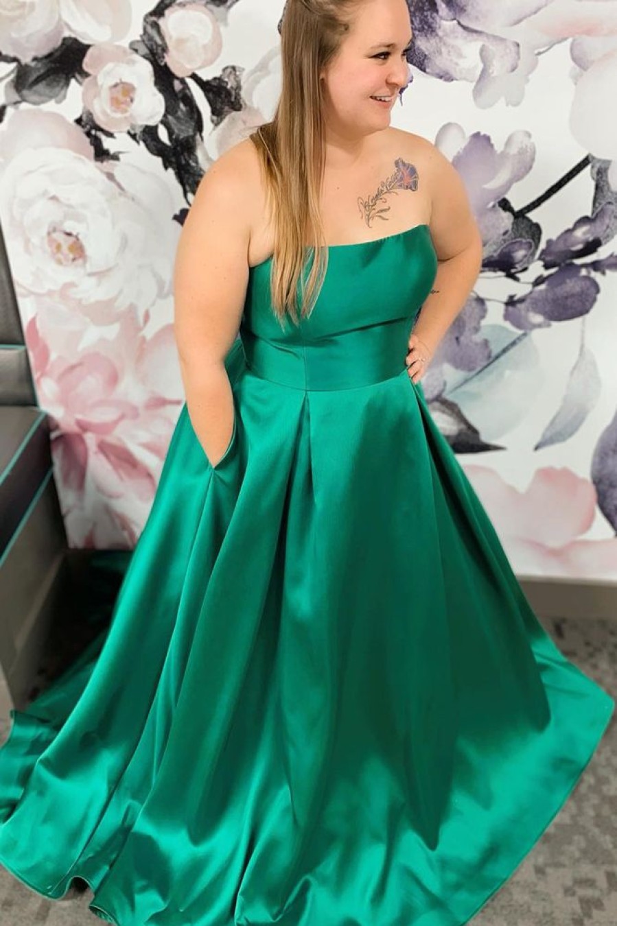 Homrain Plus Size Satin Long Prom Dress With Pockets | Green Prom Dresses