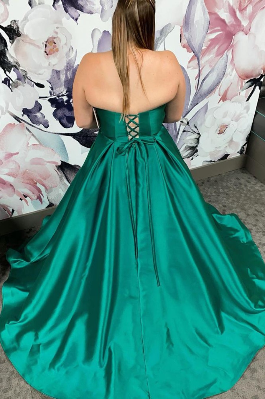 Homrain Plus Size Satin Long Prom Dress With Pockets | Green Prom Dresses