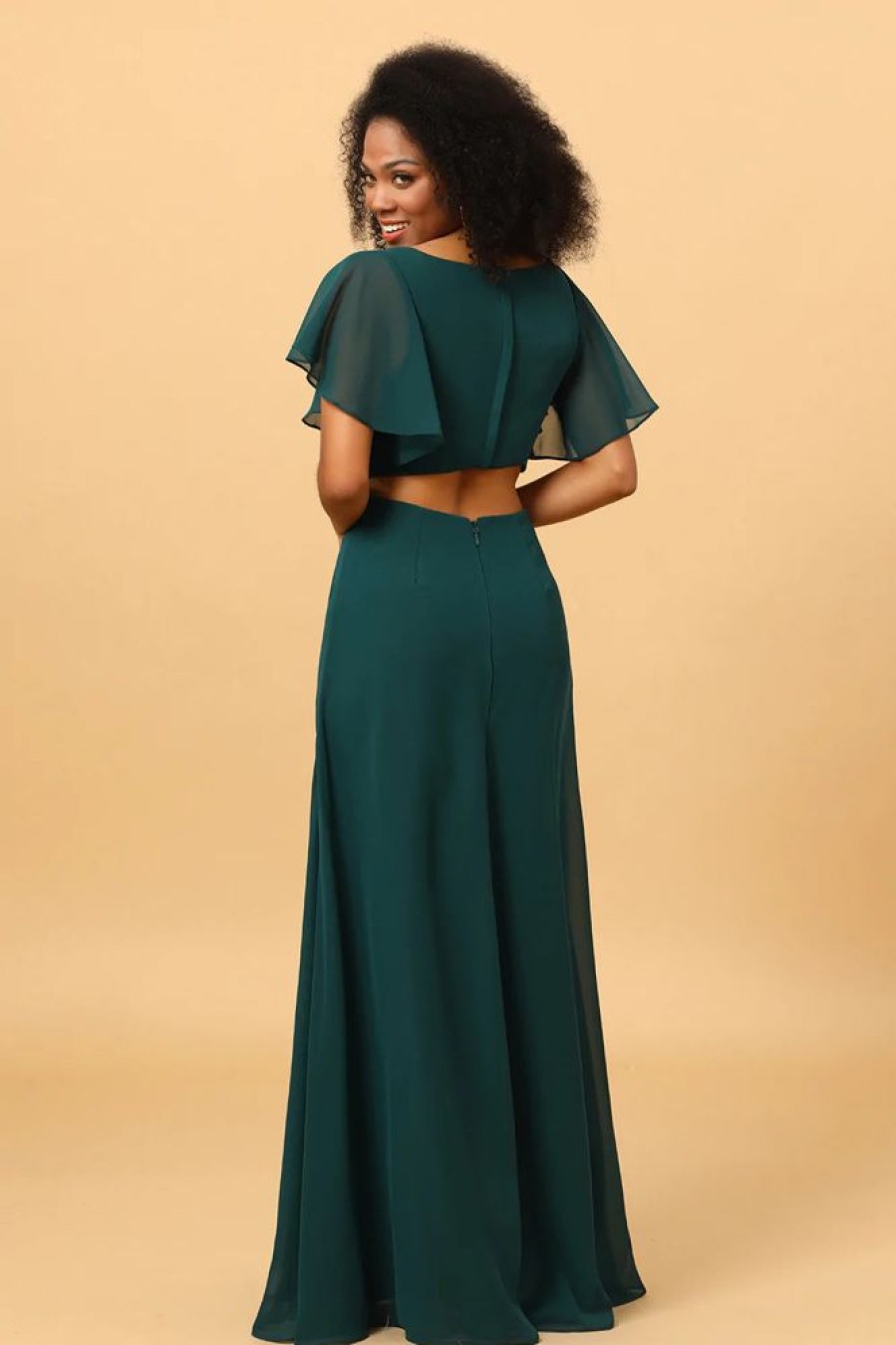 Homrain Hollow-Out Chiffon Green Bridesmaid Dress With Ruffles Sleeves | Boho Bridesmaid Dresses