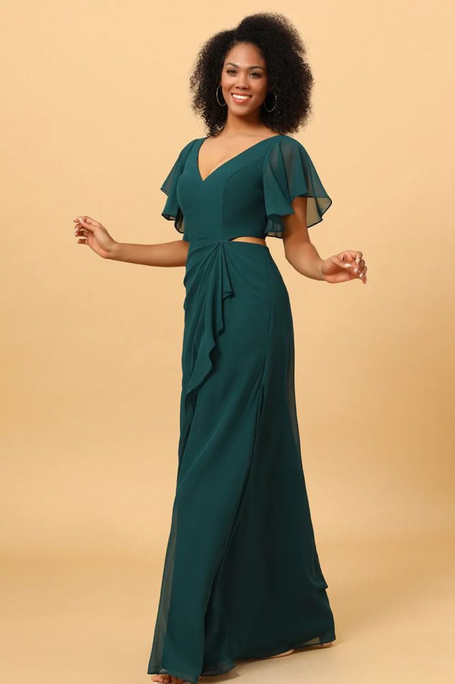 Homrain Hollow-Out Chiffon Green Bridesmaid Dress With Ruffles Sleeves | Boho Bridesmaid Dresses