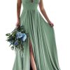 Homrain A-Line Ruched Long Bridesmaid Dress With Slit | Sage Green Bridesmaid Dress