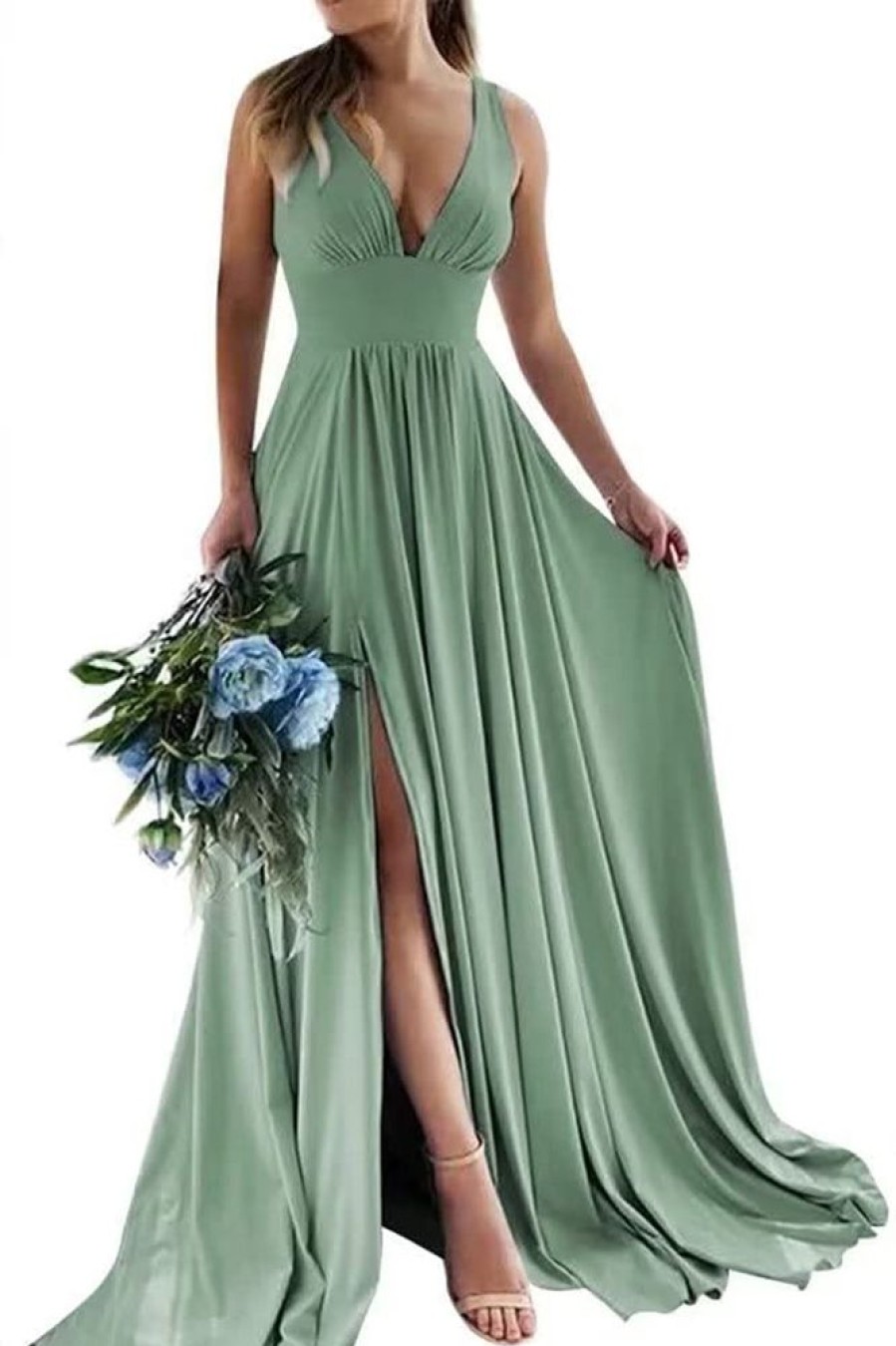 Homrain A-Line Ruched Long Bridesmaid Dress With Slit | Sage Green Bridesmaid Dress