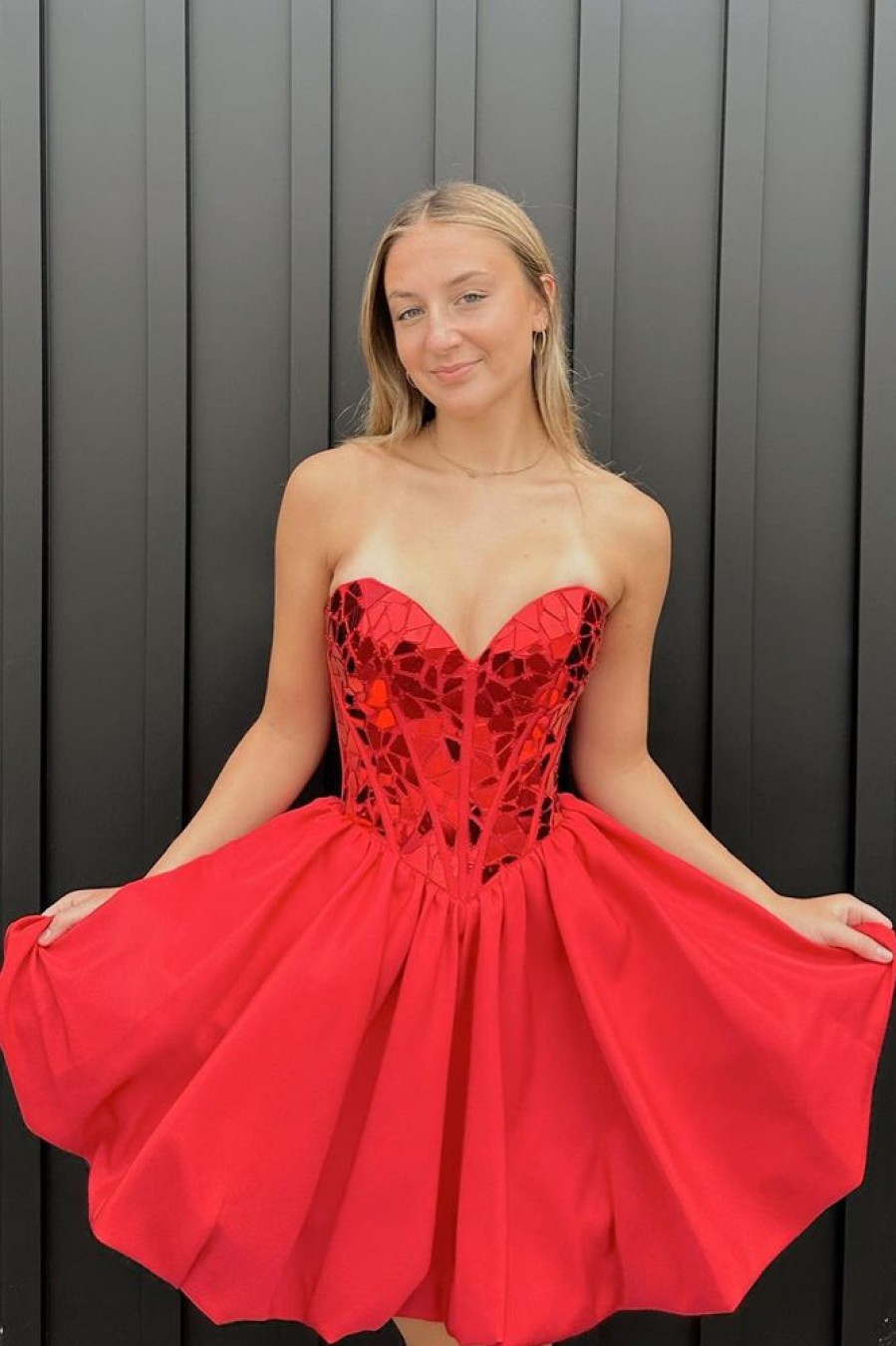 Homrain Sparkly A-Line Mirror Short Homecoming Dress | Red Hoco Dresses