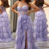 Homrain Sparkly A Line Long Corset Tiered Prom Dress With Slit | Purple Prom Dresses