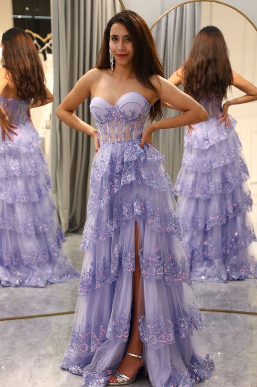 Homrain Sparkly A Line Long Corset Tiered Prom Dress With Slit | Purple Prom Dresses