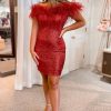 Homrain Sparkly Tight Sequins Homecoming Dress With Feathers | Red Hoco Dresses