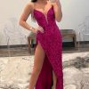 Homrain Hot Pink Strapless Sequin Prom Dress With Slit | Hot Pink Prom Dresses