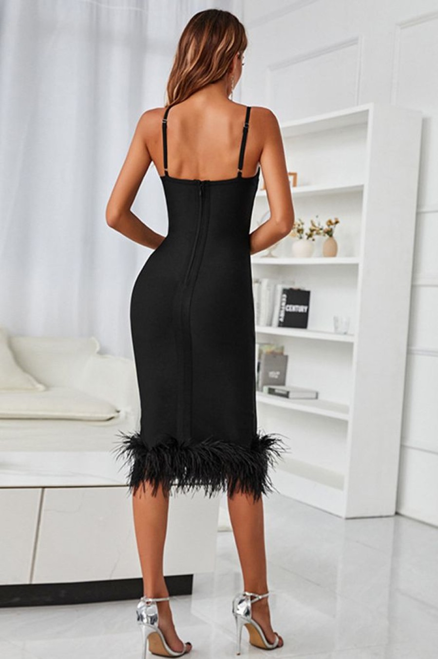 Homrain Midi Bodycon Party Dress With Feathers | Black Hoco Dresses