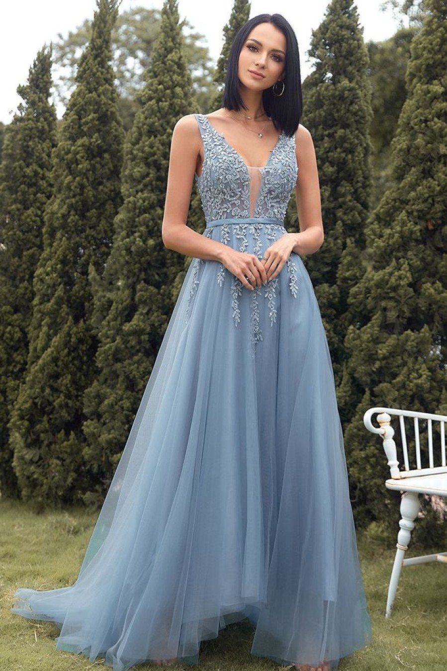 Homrain A-Line Long Prom Dress With Appliques | Blue Prom Dresses