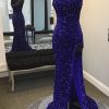 Homrain Sparkly Sequins One Shoulder Long Prom | Blue Prom Dresses