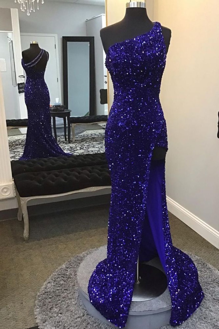 Homrain Sparkly Sequins One Shoulder Long Prom | Blue Prom Dresses