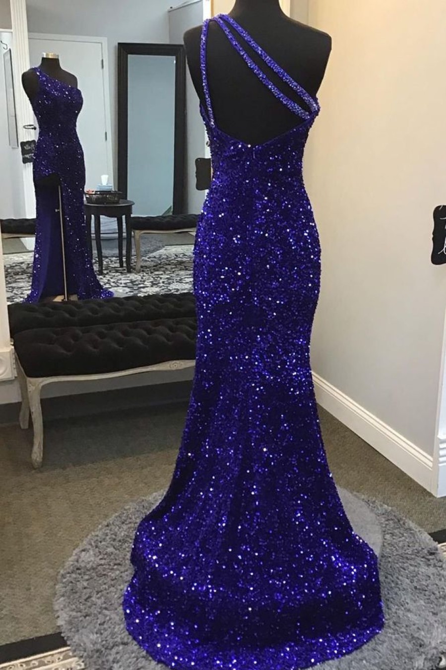 Homrain Sparkly Sequins One Shoulder Long Prom | Blue Prom Dresses