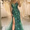 Homrain Sparkly Mermaid Long Appliqued Prom Dress With Slit | Green Prom Dresses