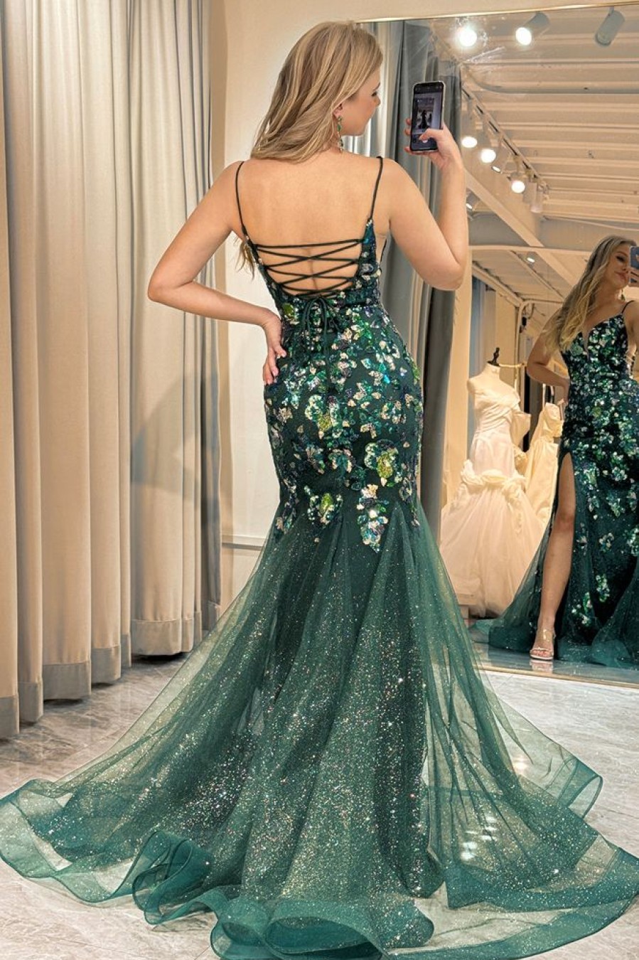 Homrain Sparkly Mermaid Long Appliqued Prom Dress With Slit | Green Prom Dresses