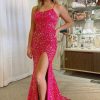 Homrain Spaghetti Straps Mermaid Sequined Prom Dress With Slit | Hot Pink Prom Dresses