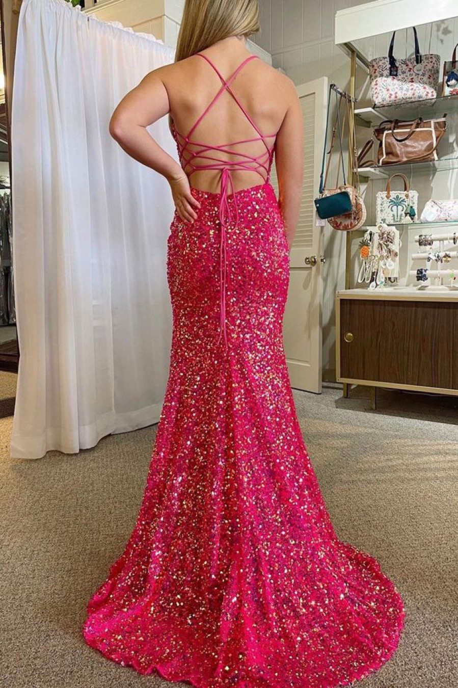 Homrain Spaghetti Straps Mermaid Sequined Prom Dress With Slit | Hot Pink Prom Dresses