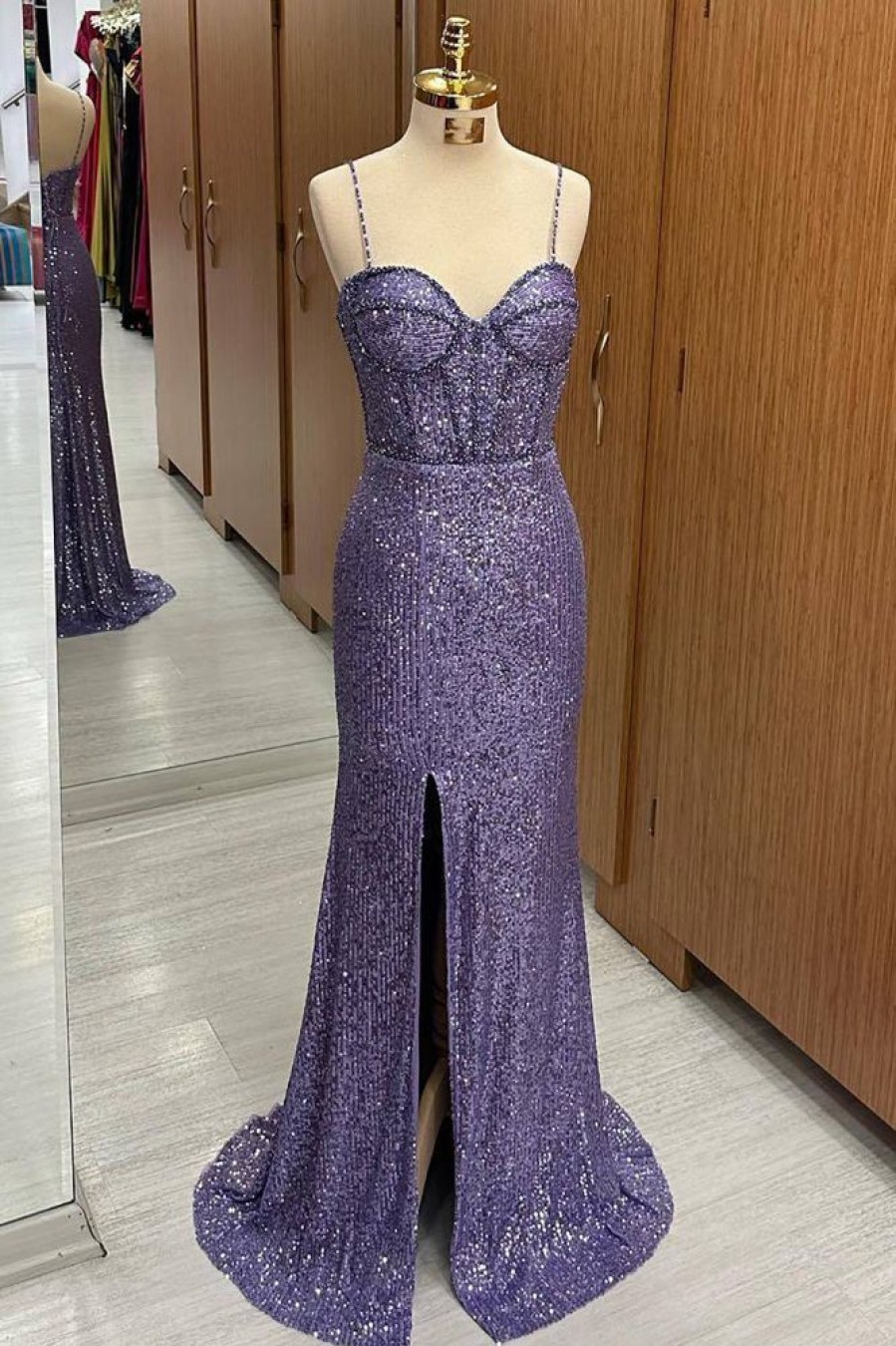 Homrain Glitter Mermaid Long Corset Prom Dress With Slit | Purple Prom Dresses