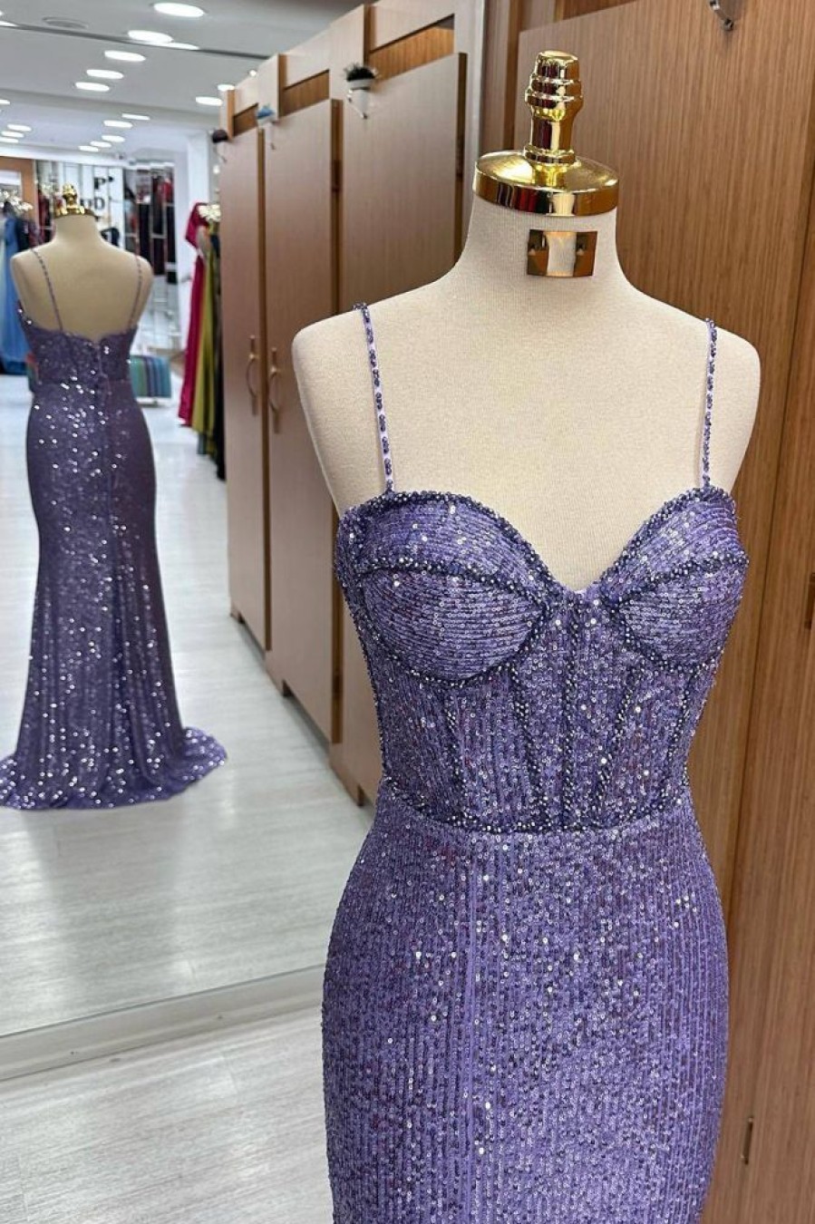 Homrain Glitter Mermaid Long Corset Prom Dress With Slit | Purple Prom Dresses