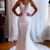 Homrain Sparkly Mermaid Lace Backless Sweep Train Long Wedding Dress | Lace Wedding Dresses