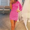 Homrain Tight Ruched Homecoming Dress With Sleeves | Hot Pink Prom Dresses