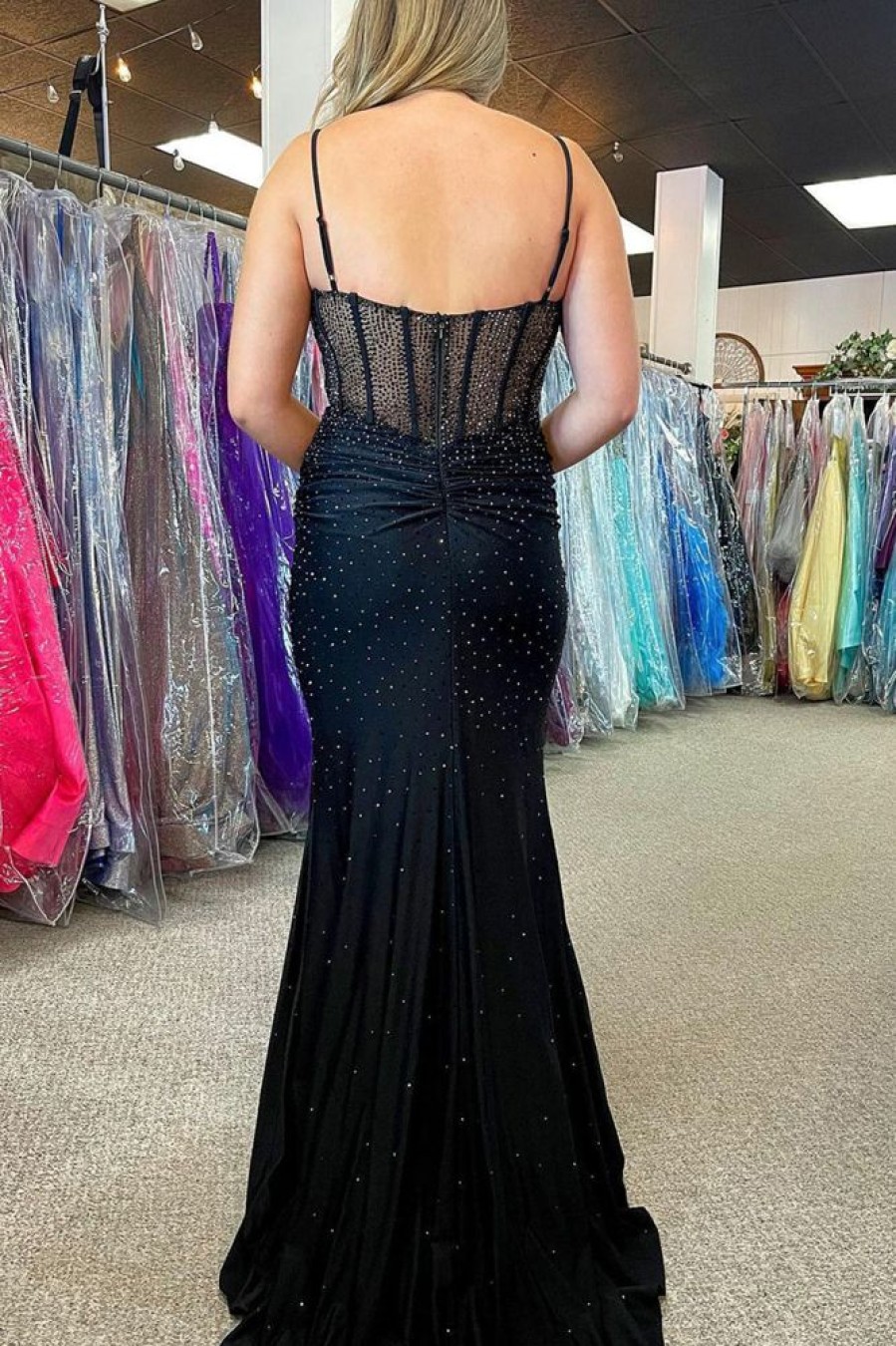 Homrain Beaded Spaghetti Straps Plus Size Prom Dress | Black Prom Dresses