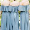 Homrain A-Line Off The Shoulder Long Chiffon Boho Bridesmaid Dress | Dusty Blue Bridesmaid Dress