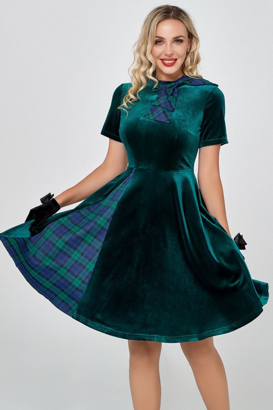 Homrain Plaid Vintage Velvet Dress | Green Hoco Dresses