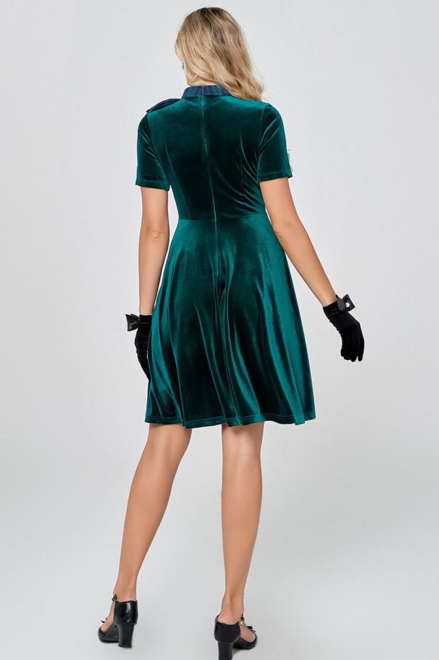 Homrain Plaid Vintage Velvet Dress | Green Hoco Dresses