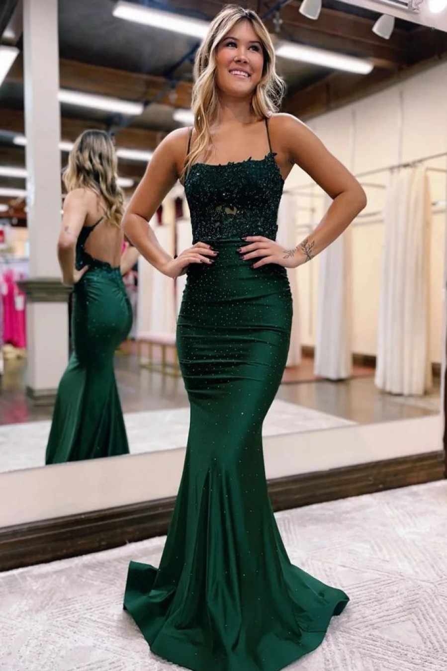 Homrain Sparkly Beaded Long Prom Dress With Appliques | Green Prom Dresses