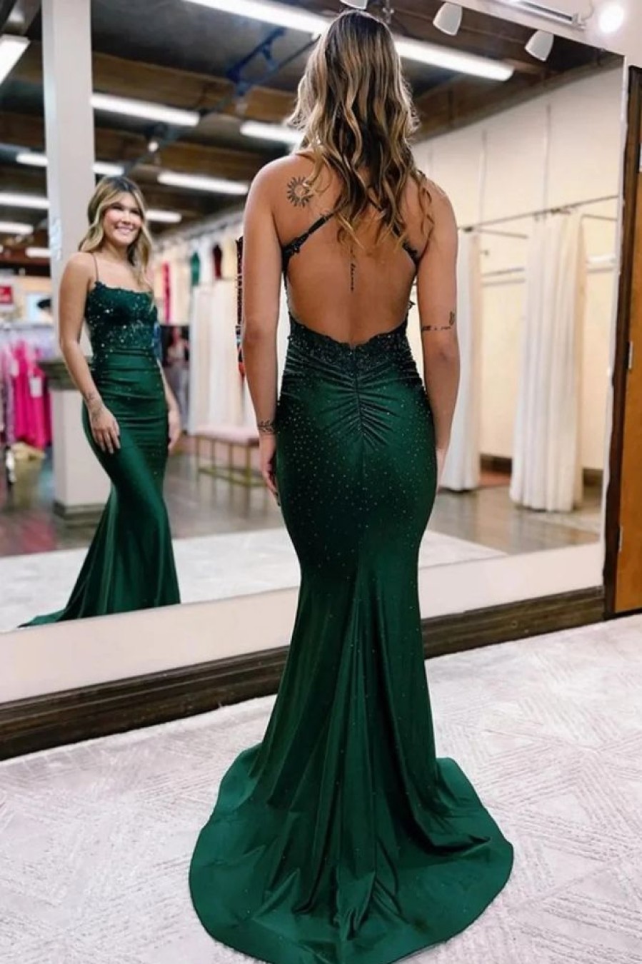 Homrain Sparkly Beaded Long Prom Dress With Appliques | Green Prom Dresses