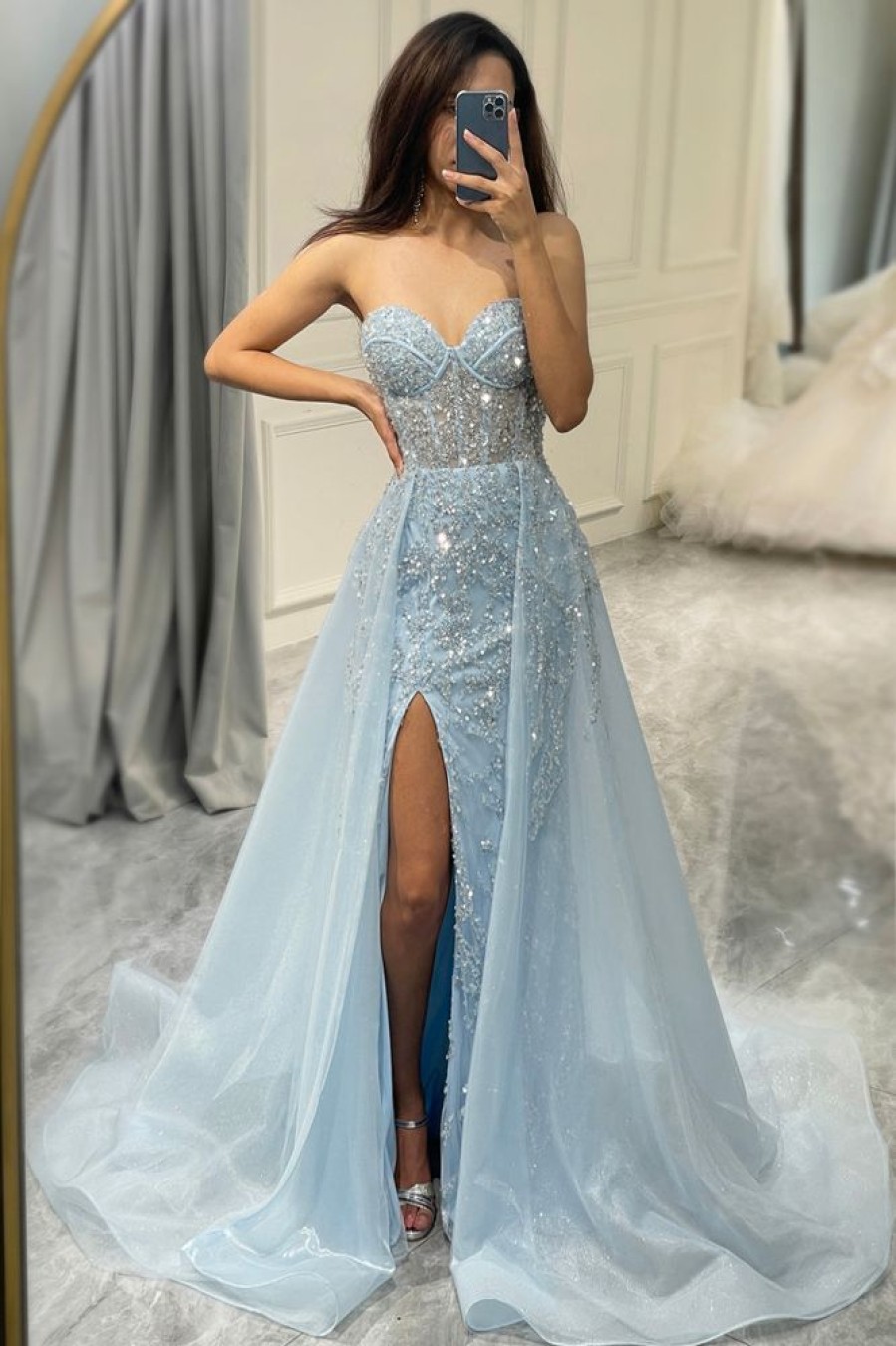 Homrain Glitter Long Corset Prom Dress With Slit | Blue Prom Dresses