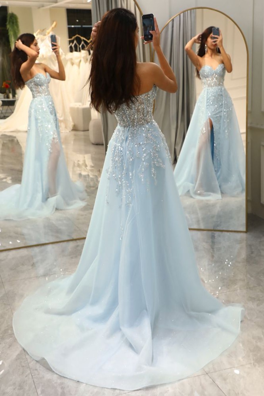 Homrain Glitter Long Corset Prom Dress With Slit | Blue Prom Dresses